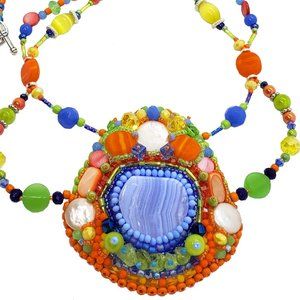 Blue Lace Agate, Peridot, Freshwater Pearls Beaded Embroidery Statement Necklace